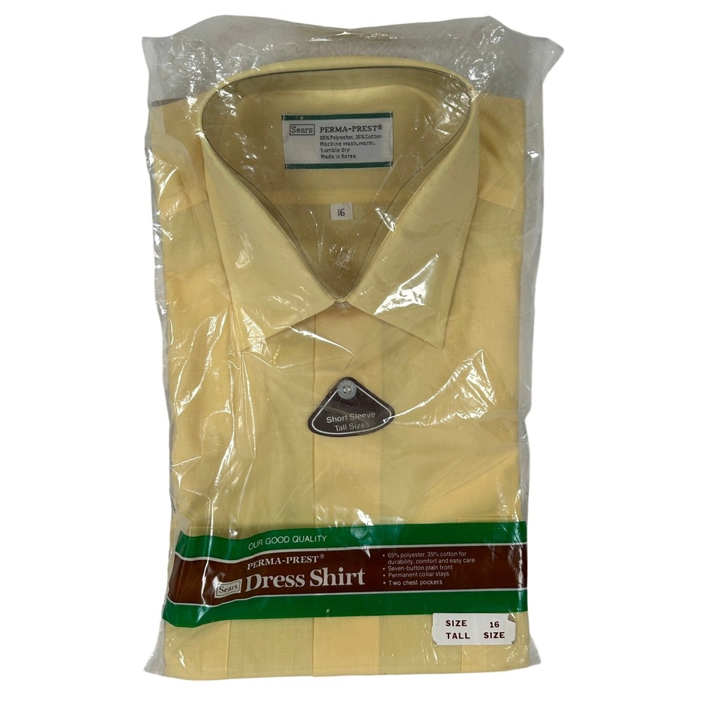 Vintage Sears Perma-Prest‎ Dress Shirt Mens 16 Tall Yellow Short Sleeve NEW